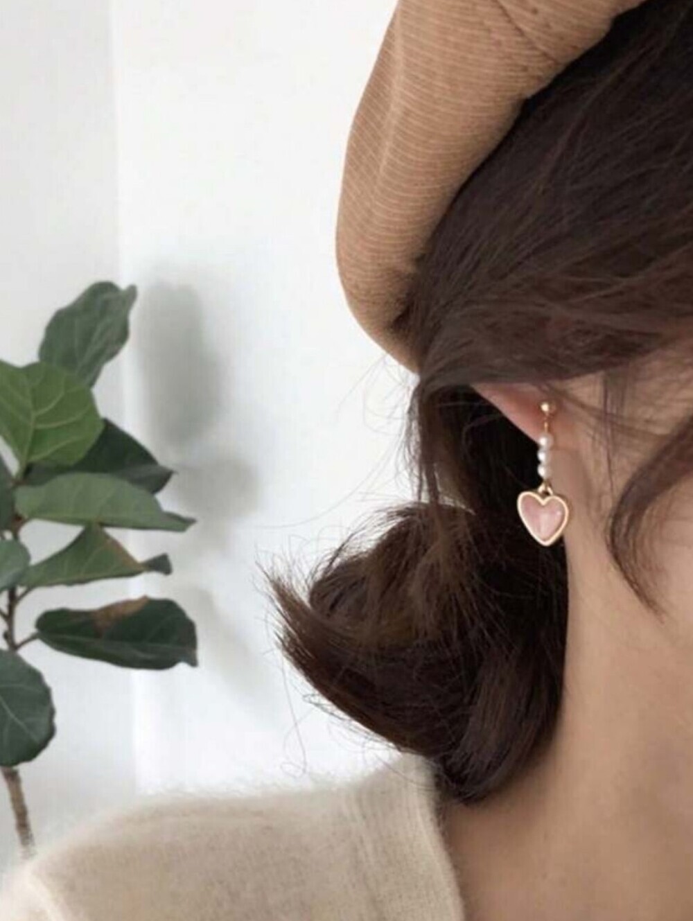 Gold & Pink Heart Drop Earrings with Pearl Accents